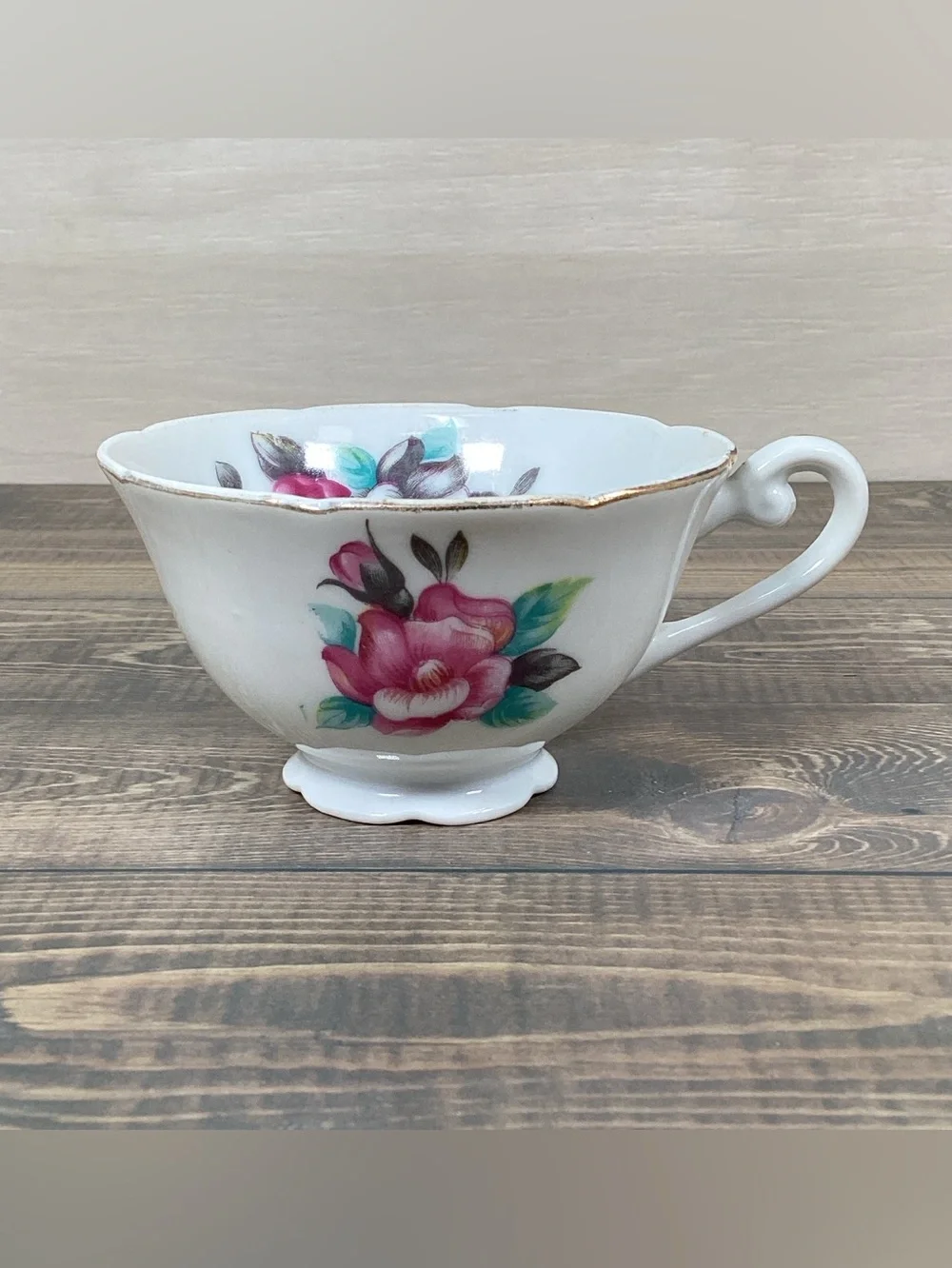 Vintage Shafford Japan Hand Painted Pink & Gray Floral Roses Teacup & Saucer Set